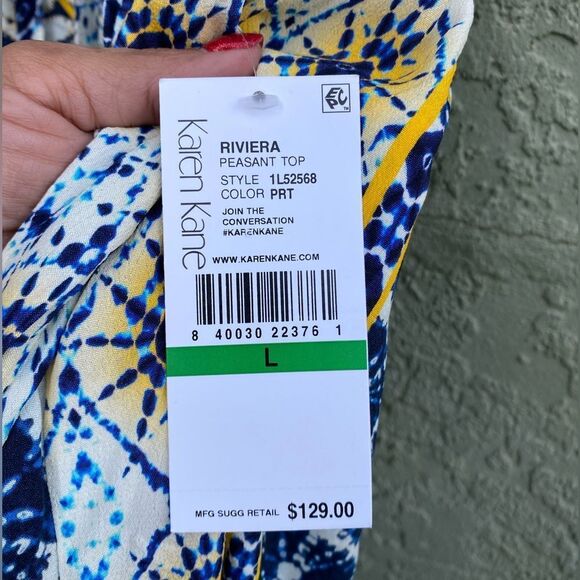 NWT KAREN KANE Blue/Yellow/White Riviera Boho Peasant 100% Cotton Top Large - Picture 7 of 13